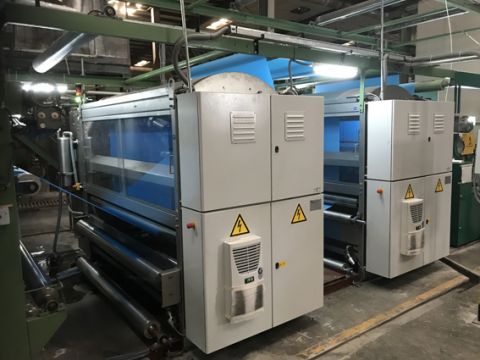 An installation of RotaSpray’s RotoDyer at Nishat Mills in Pakistan. The machine shown uses rotating atomisers to generate the sprays.