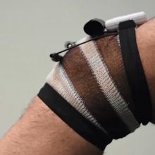 A prototype of a strain-sensing knitted textile being developed to allow patients to record data for themselves while undergoing physical rehabilitation.